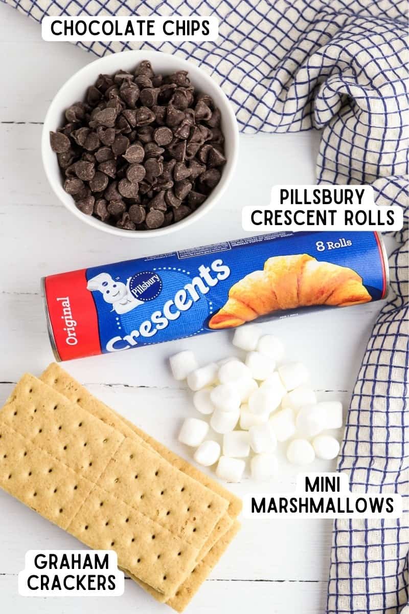 Roll of Pillsbury crescent roll dough, chocolate chips, mini marshmallows, and graham crackers.
