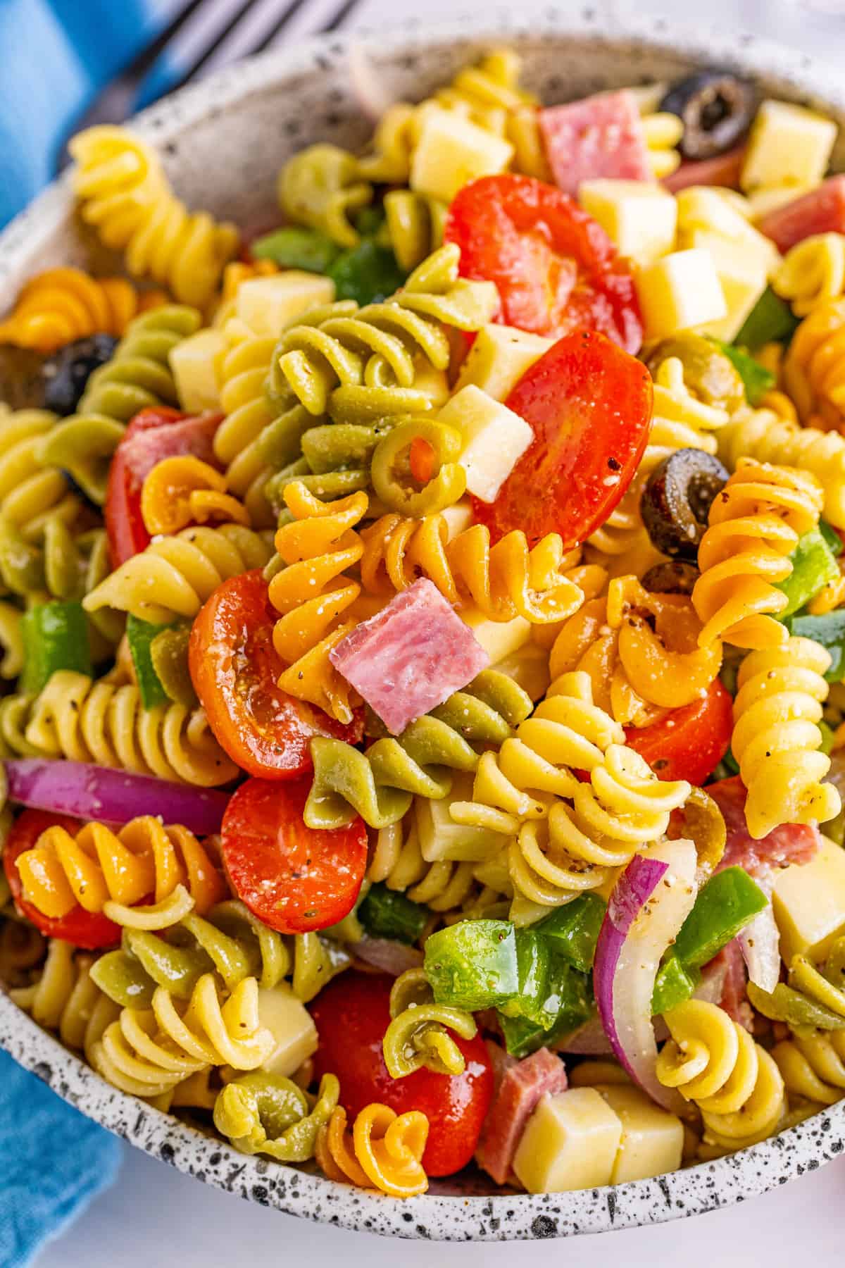 Italian pasta salad with tri color rotini.