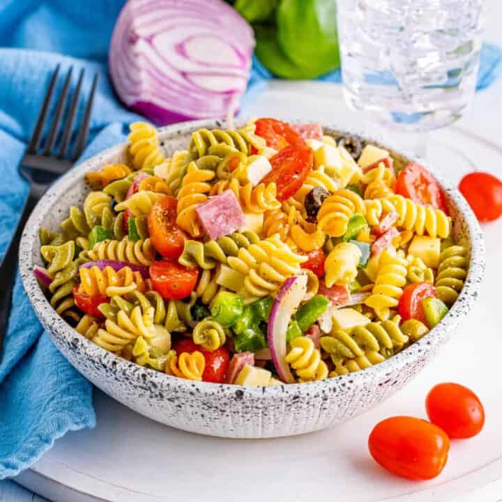 Italian Tri Color Pasta Salad wtih Homemade Dressing.