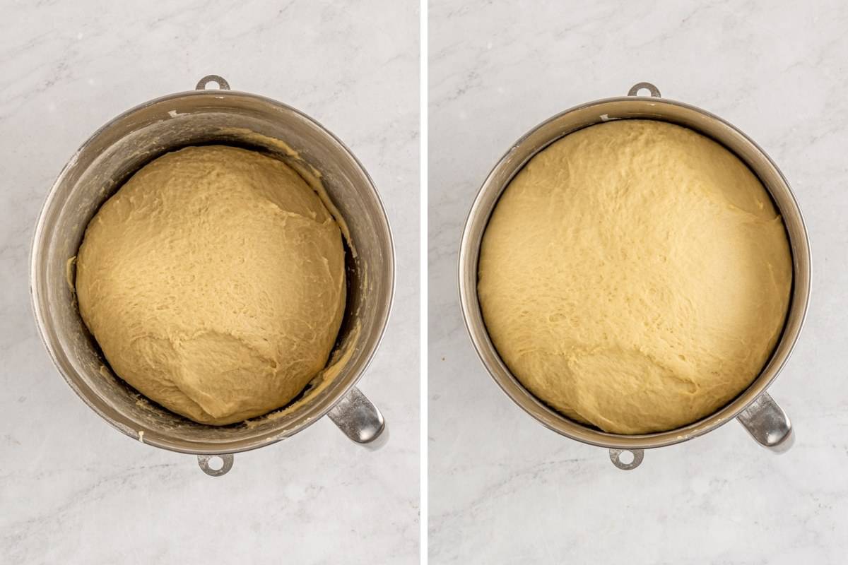 Cinnamon roll dough before and after rising.