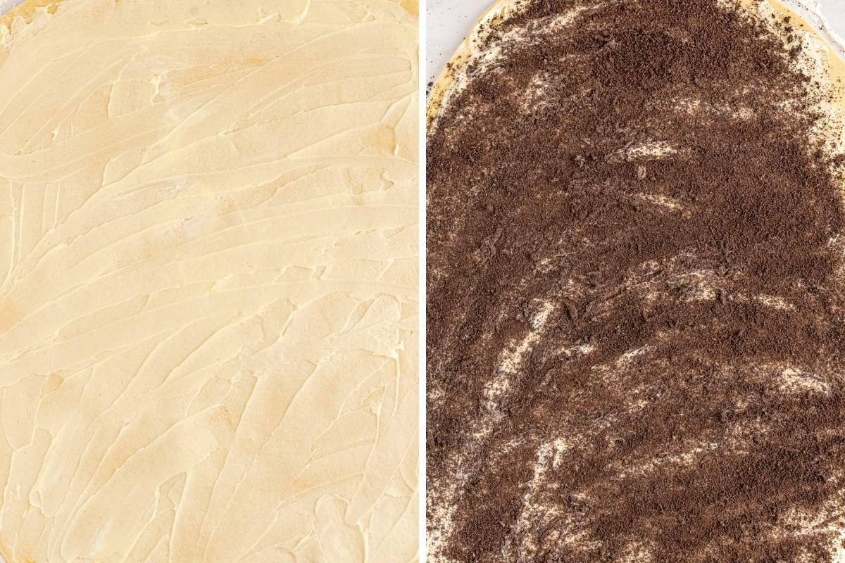 On left: dough covered with cream cheese. On right: same with crushed oreos on top.