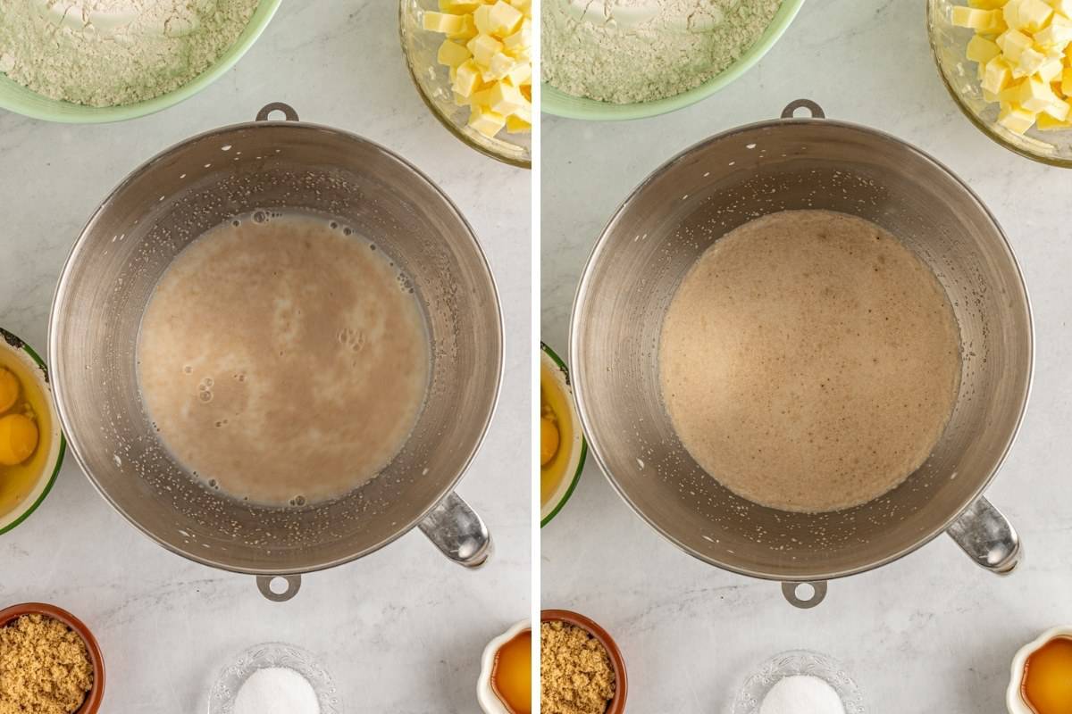 Two images showing yeast in water before and after proofing.