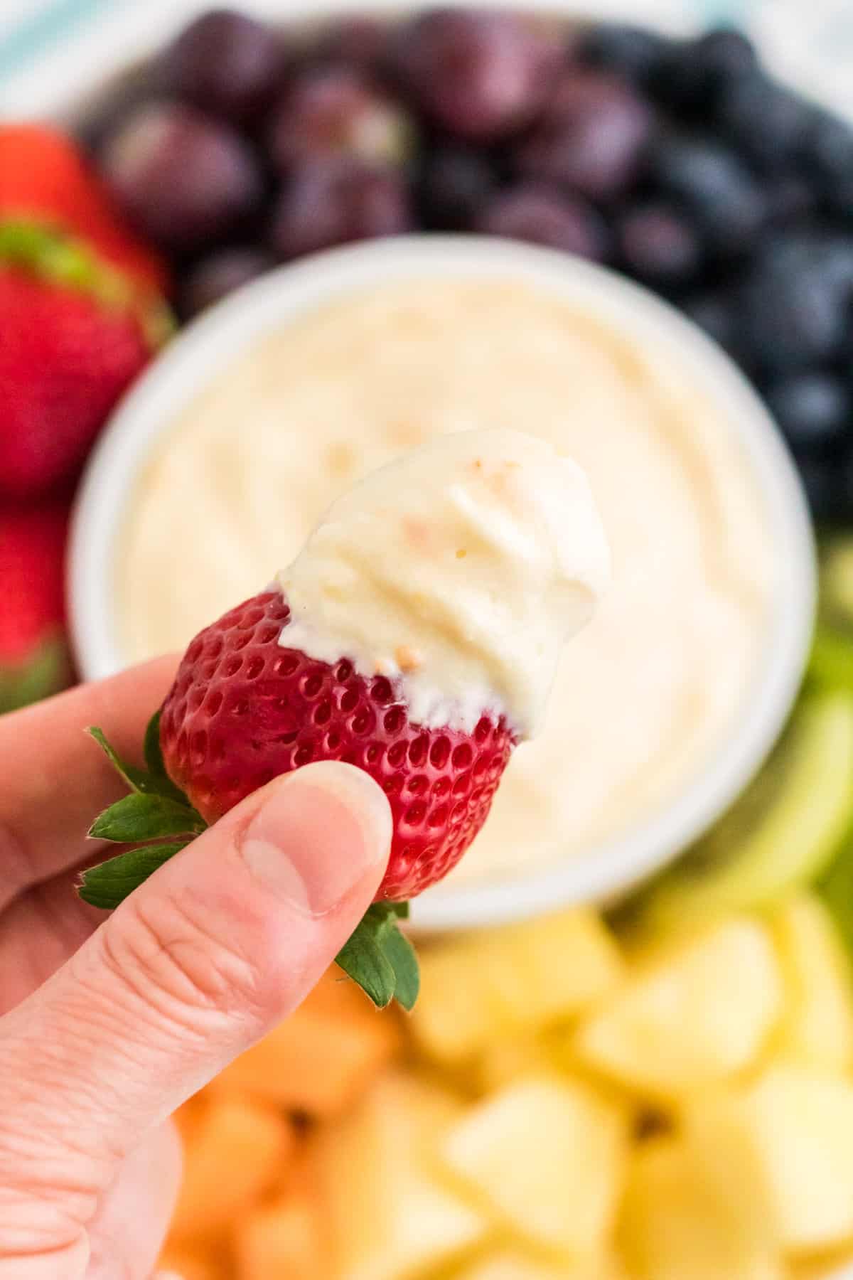 Strawberry dipped in cream cheese fruit dip.