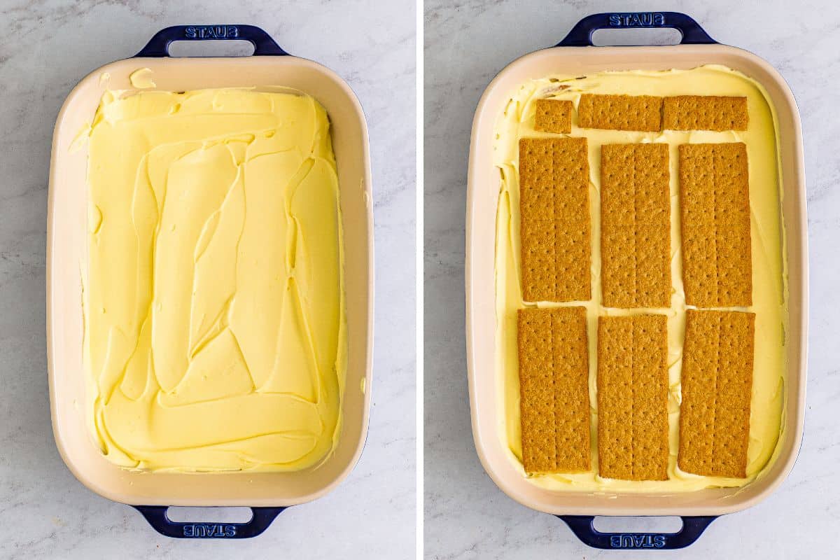 Two image collage of rectangular dish with an even layer of banana cream filling and then topped with graham crackers.