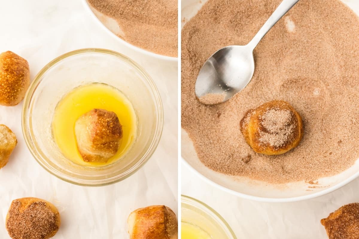 Two image collage of pretzel bite dipped in melted butter and then rolled in cinnamon sugar.