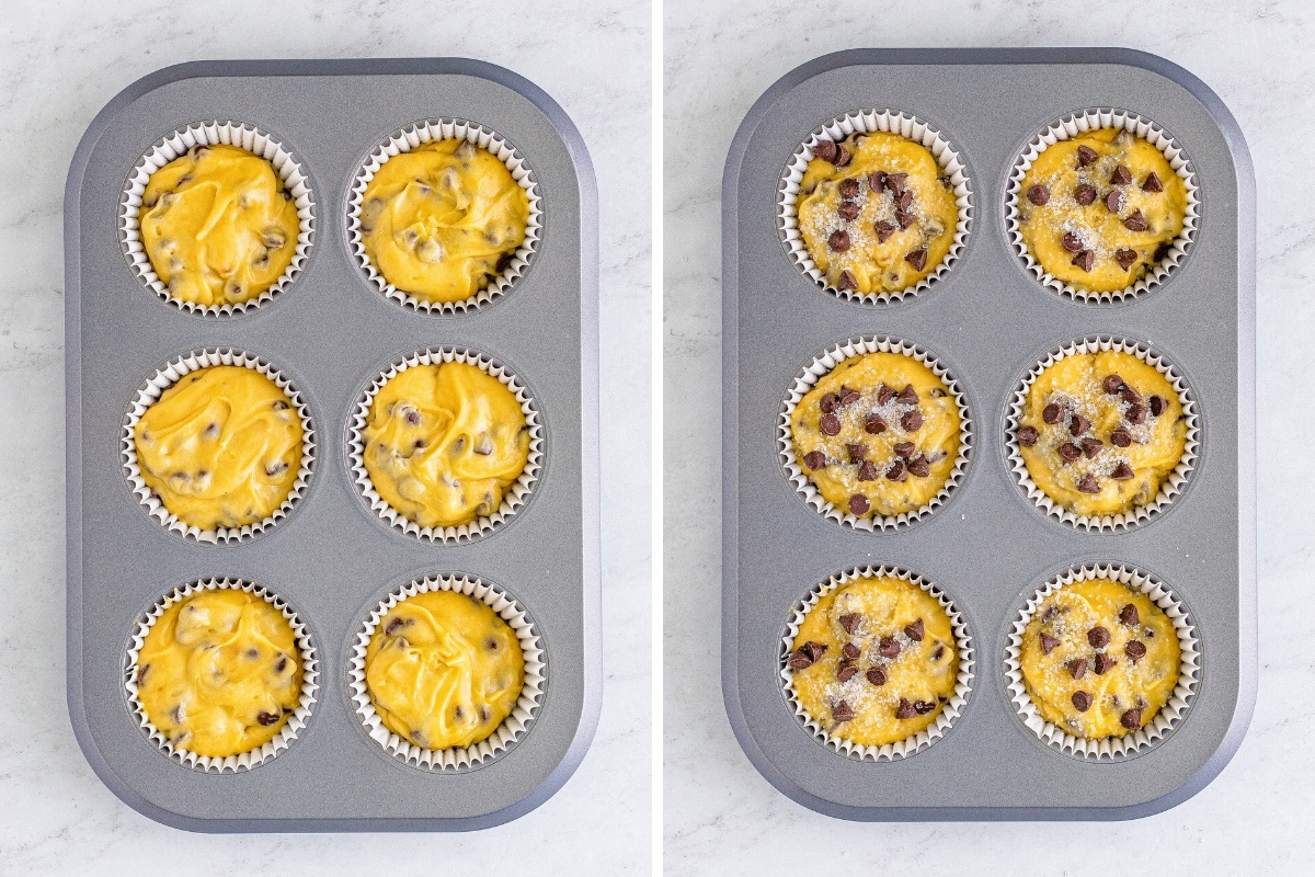 Two image collage of jumbo muffin tin filled with chocolate chip muffin batter. The image on right is also topped with extra chips and sugar.