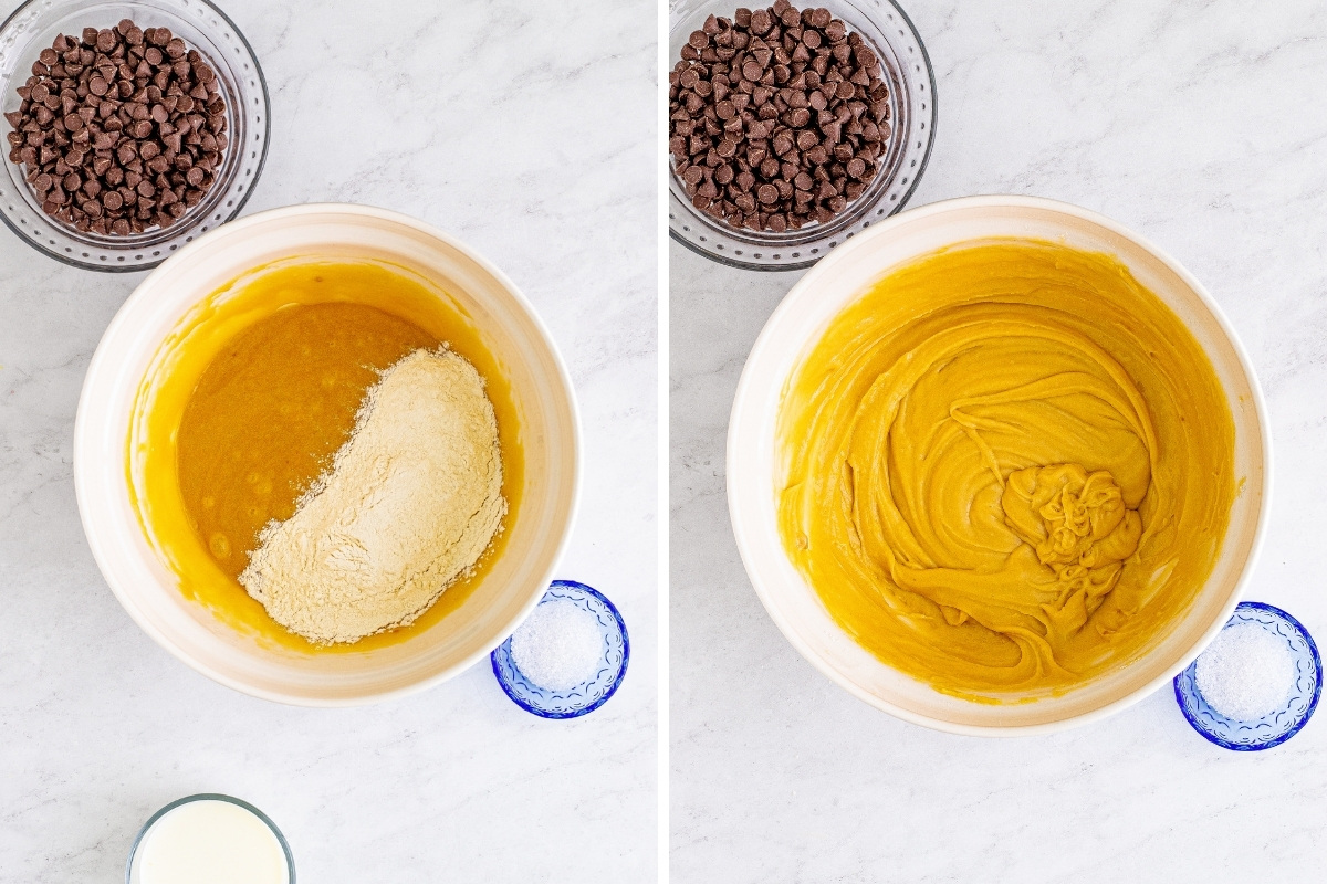 Two image collage of dry ingredients being mixed into batter.