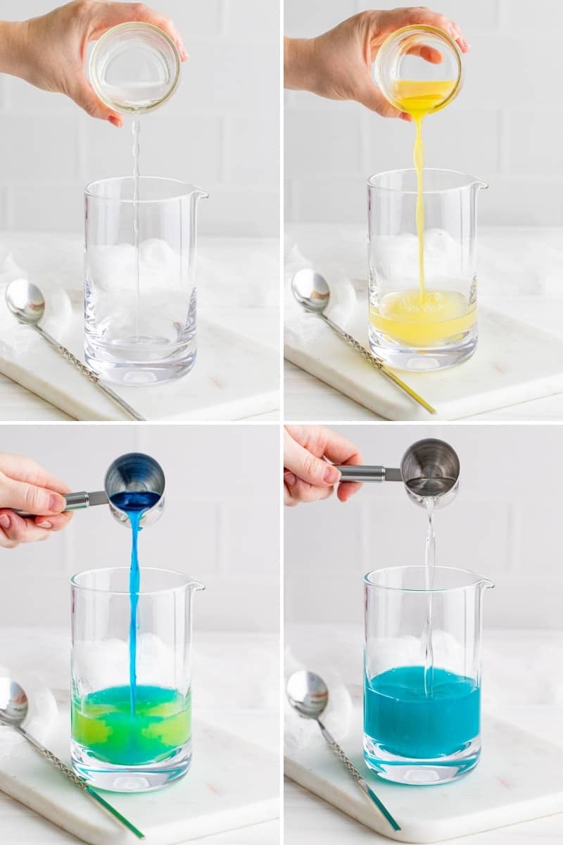 Four image collage of ingredients being added to mixing glass: coconut water, pineapple juice, malibu and blue curaco.