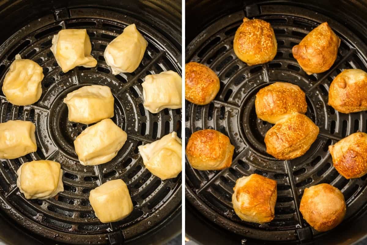 Two image collage of pretzel bites in air fryer basket before and air air frying.