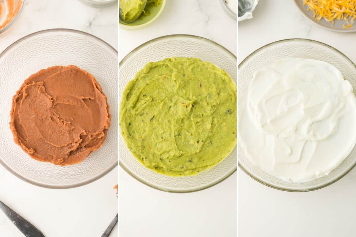 3 image collage of taco dip ingredients being layered in serving bowl.
