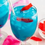 Blue ocean water cocktail in a wine glass with red candy fish sticking out of the top.
