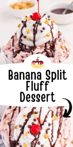 Banana split fluff dessert collage image for pinterest.