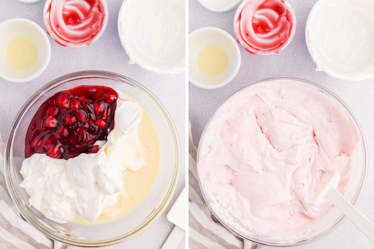 Two image collage of pie filling, cool whip, sour cream, and condensed milk in a large bowl before and after stirring together.