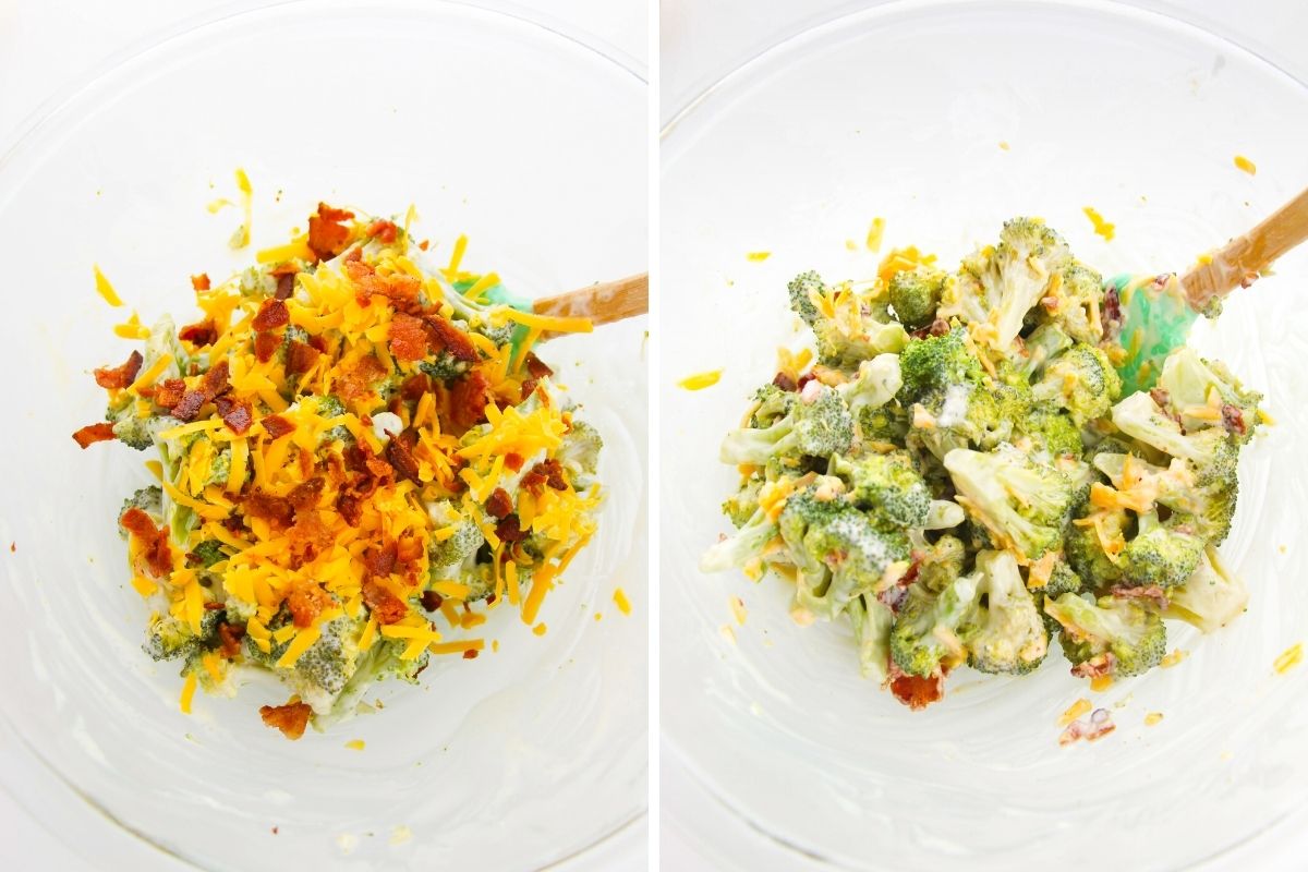 In process photos of broccoli salad being made, before and after mixing ingredients into the homemade dressing.