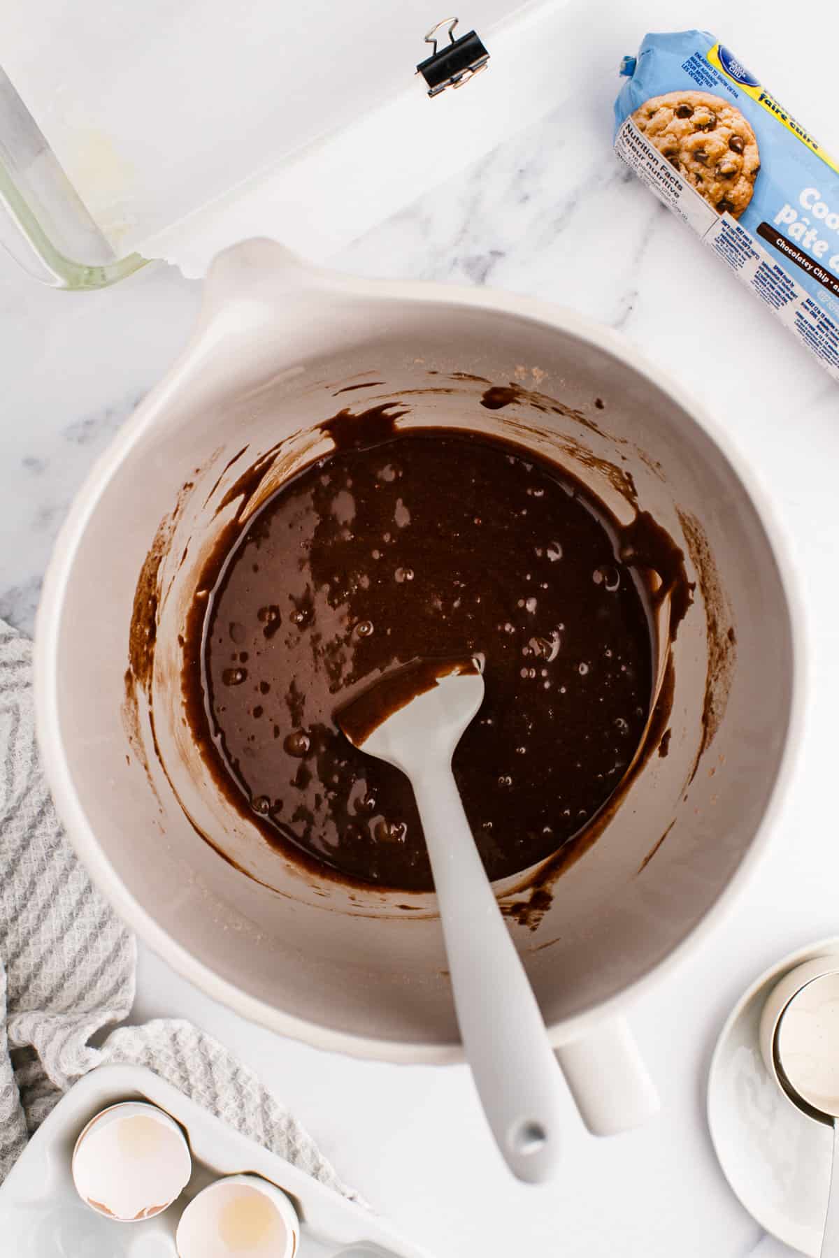 Brownie batter in large mixing bowl.