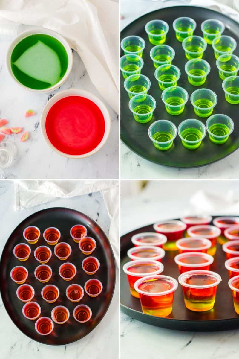 Four image collage of steps to make pink and green layered jello shots.
