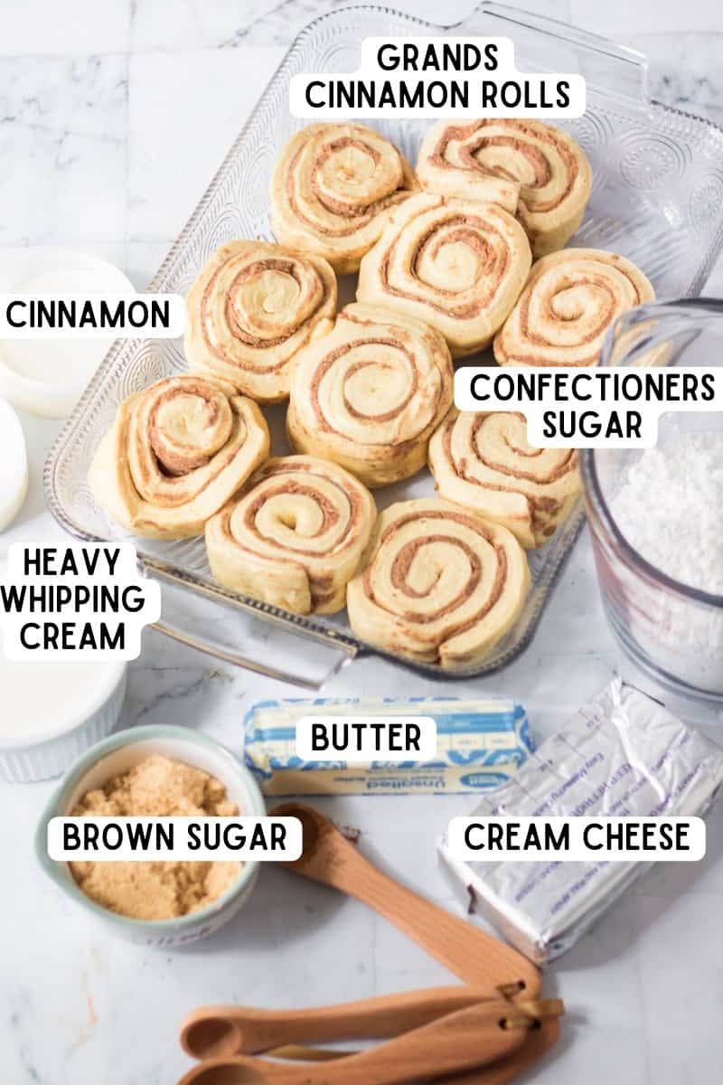 Ingredients for TikTok Cinnamon Rolls: canned cinnamon rolls, butter, cream cheeses, brown sugar, confectioners sugar, and cinnamon.