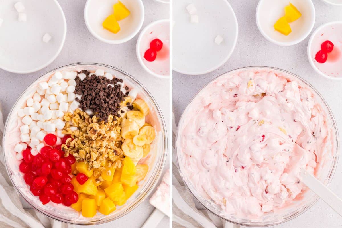 Two image collage of toppings being added and stirred into the dessert salad.