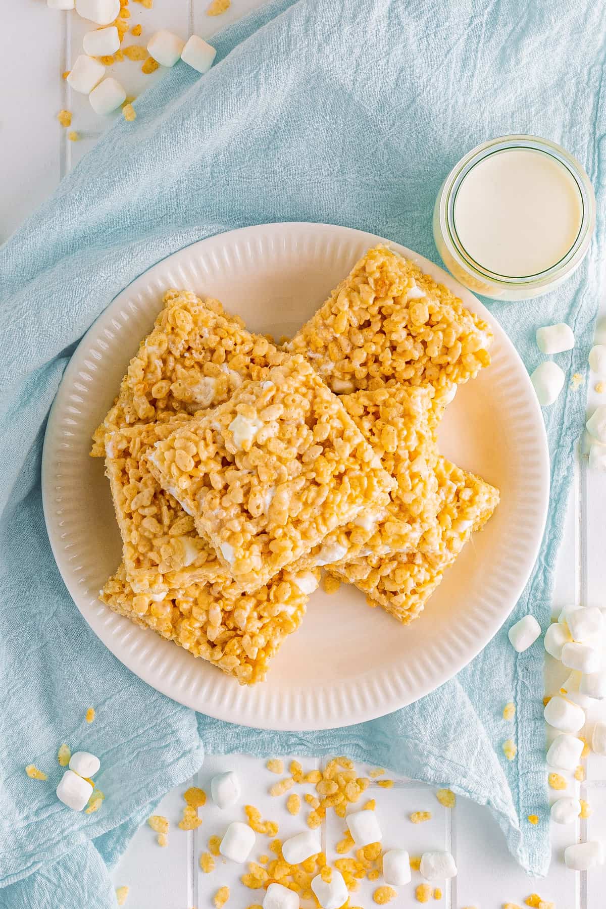 Top-down photo of plate of bakery style rice krispies treats.