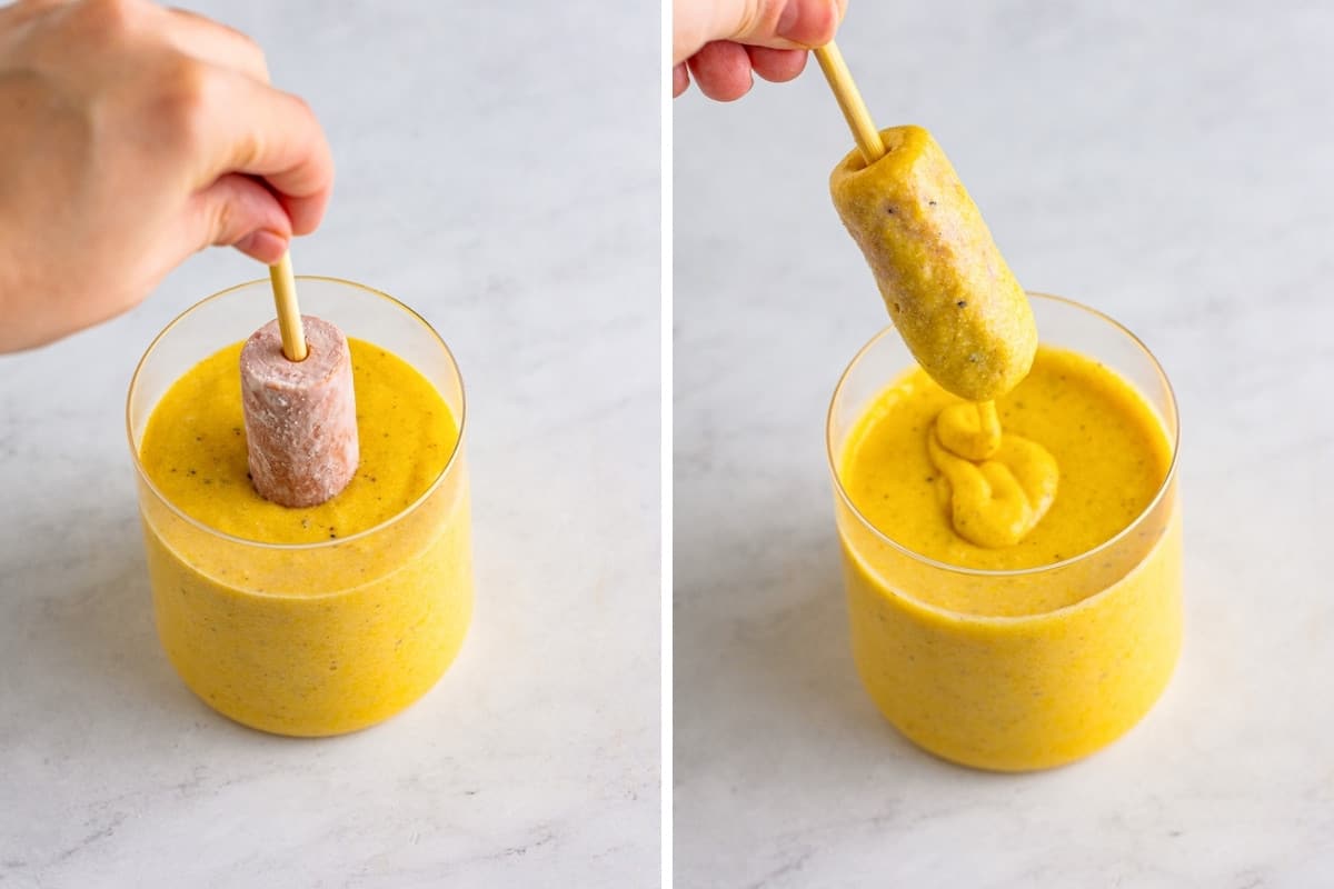 Two image collage of hot dogs being dipped into cornmeal batter.