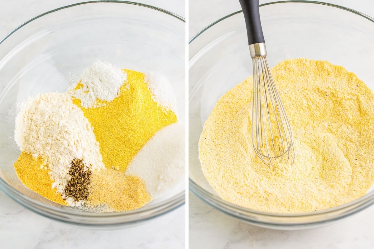 Dry ingredients for cornmeal batter before and after whisking.