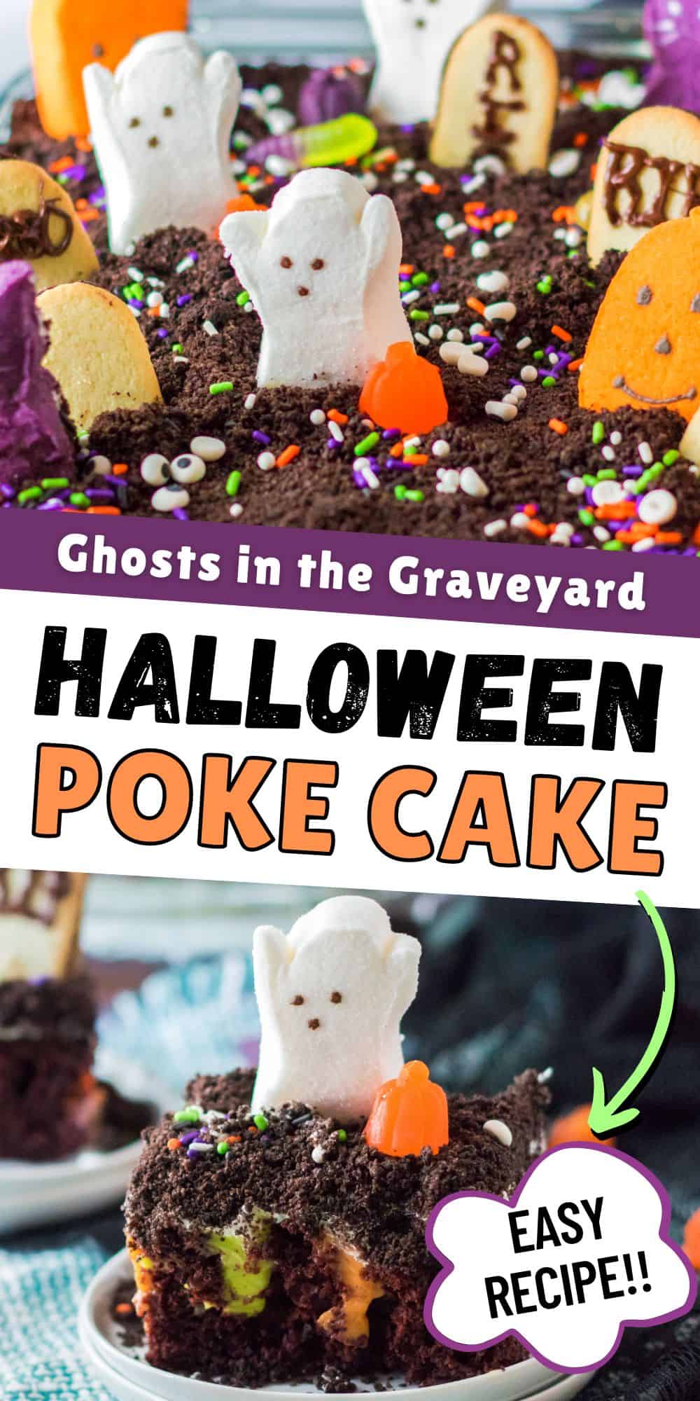 Ghosts in the Graveyard Halloween Poke Cake.