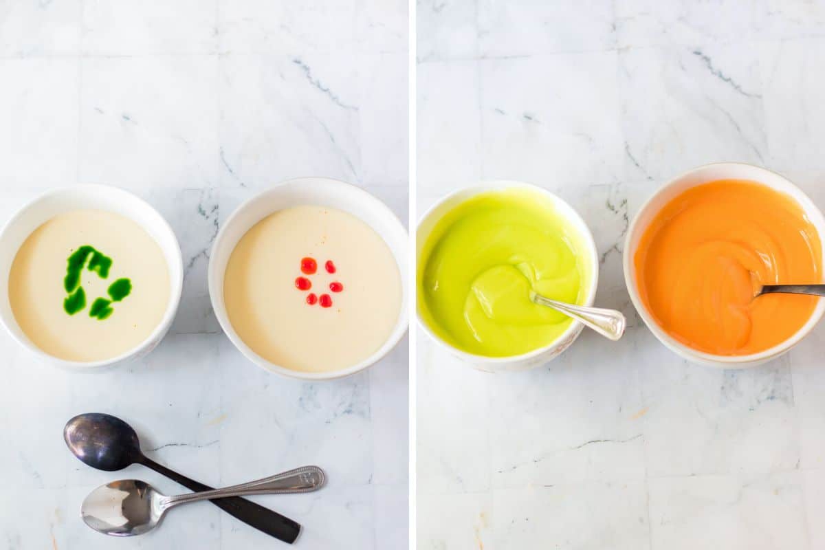 Two image collage of pudding before and after stirring in green and orange food coloring.