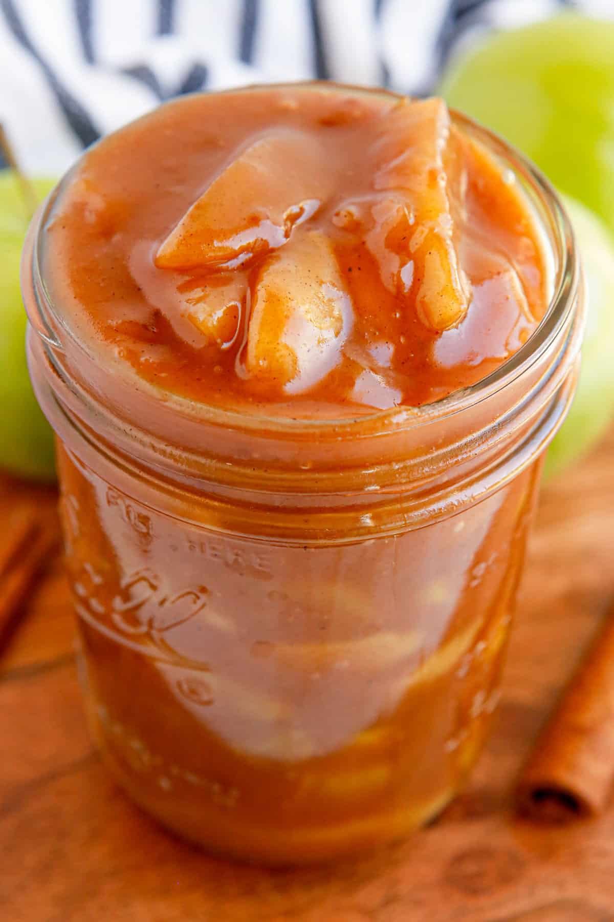 Homemade apple pie filling in a jar.