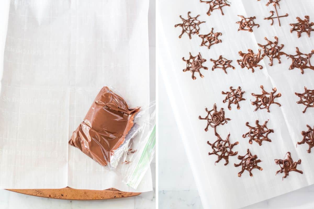 Two image collage of how to make chocolate webs using ziptok baggie and parchment paper.