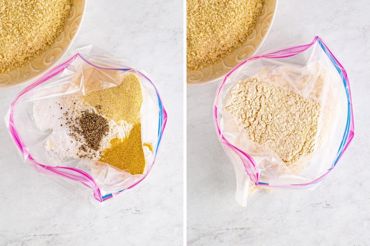 Two image collage of flour and seasoning in zip top baggie before and after mixing.