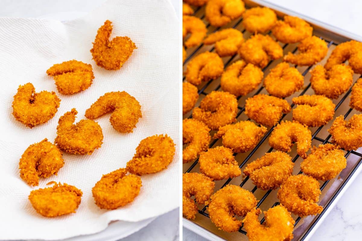 Two image collage of fried panko shrimp on paper towel and on wire rack over sheet pan.