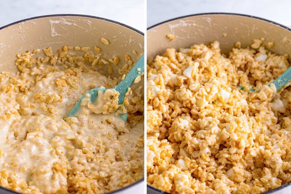 Two image collage of rice cereal being stirred into mixture in pot.