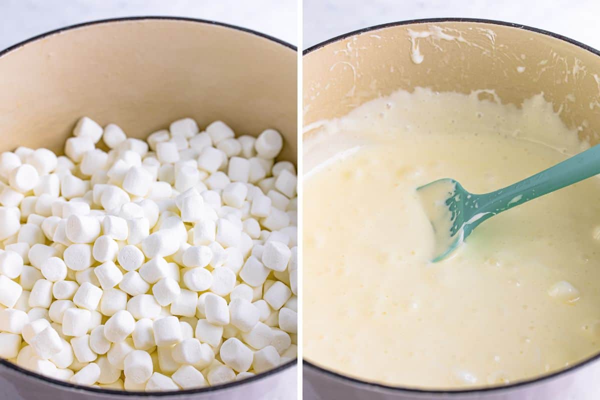 Two image collage of marshmallows being added to pot and then after being stirred in.
