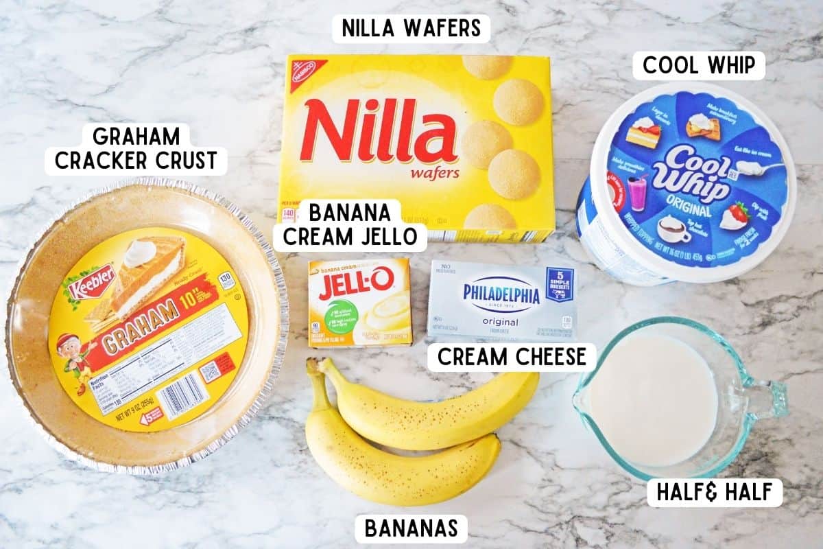 Ingredients for banana pudding pie: Nilla wafers, graham cracker crust, banana cream pudding mix, cool whip, half and half, cream cheese, and fresh bananas.