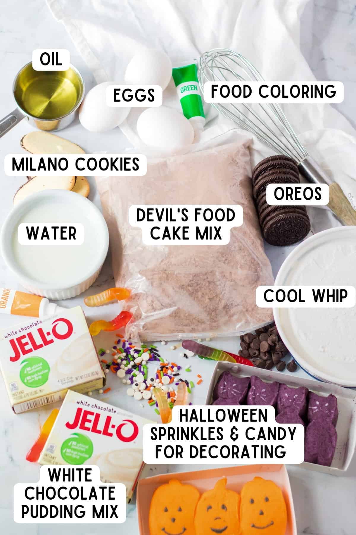 Ingredients for Halloween Poke Cake.