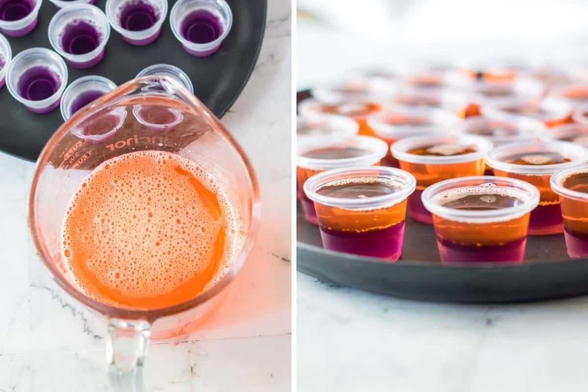 Two image collage of making orange jello and it poured into plastic shot cups.