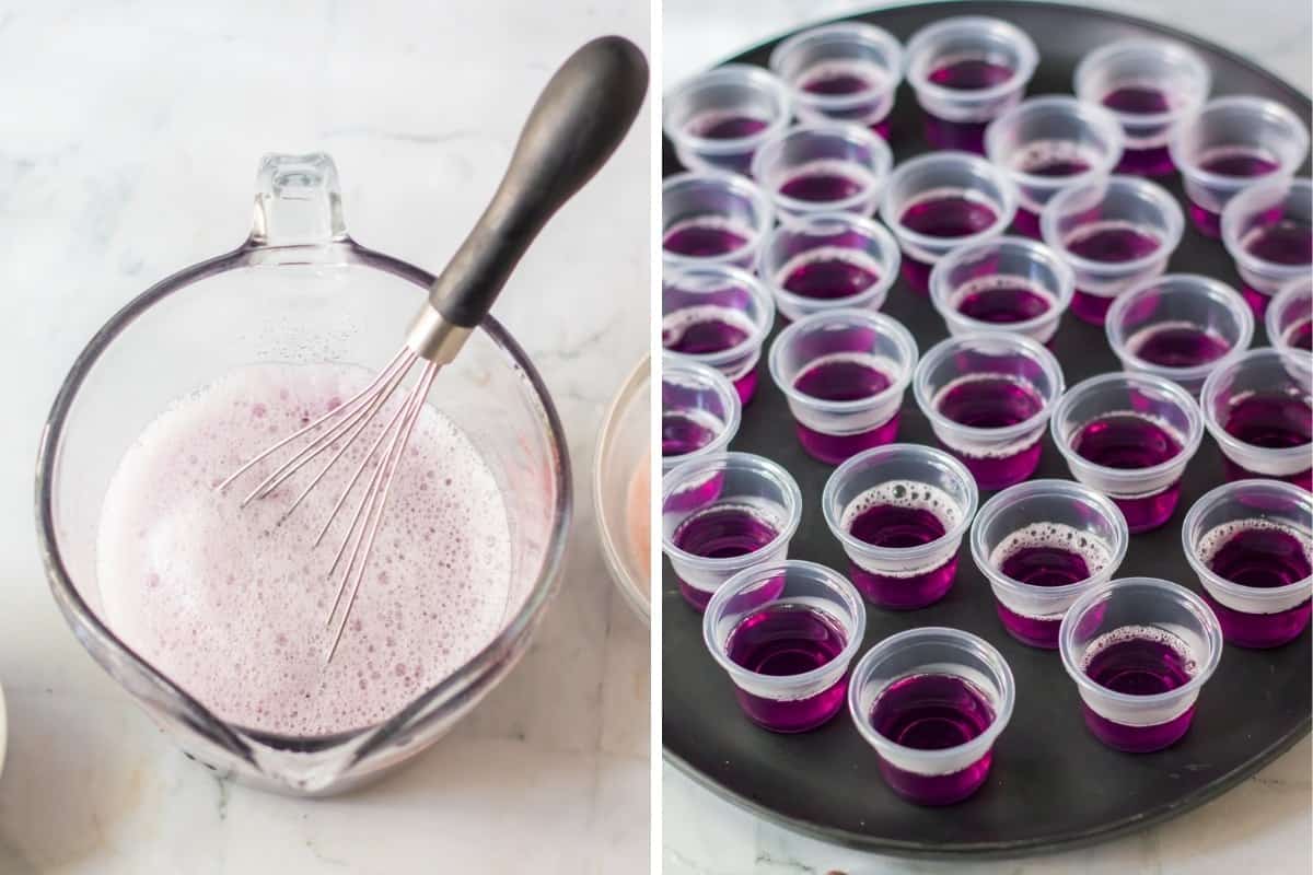 Two image collage of purple jello mixture and it poured into plastic shot glasses.