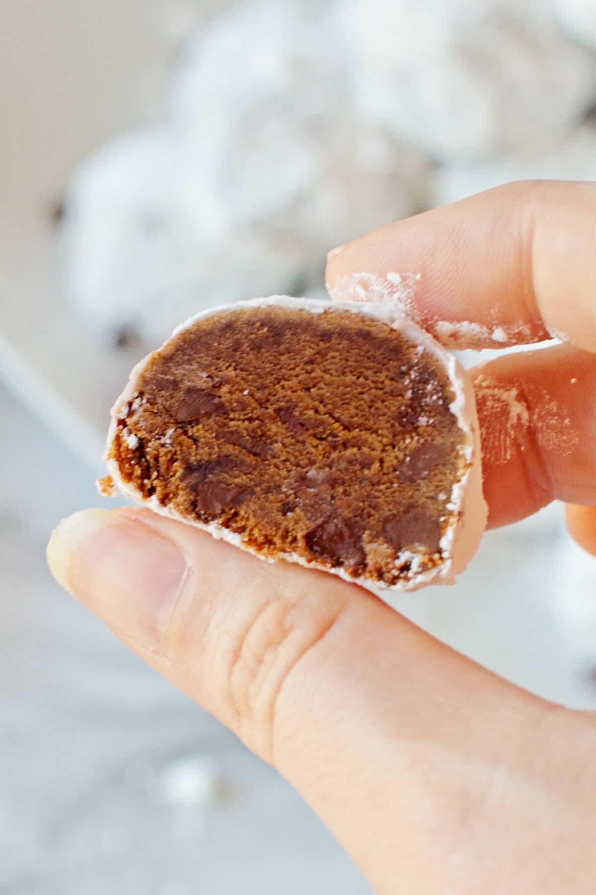 Woman's hand holding a chocolate snowball cookie with mini chocolate chips.