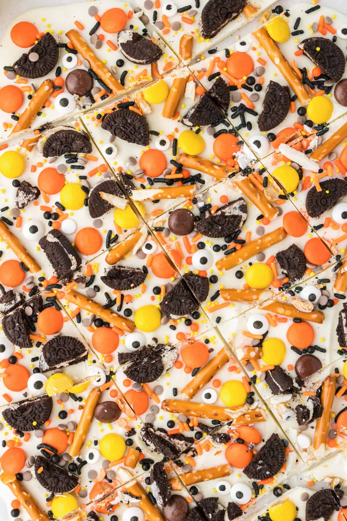 Halloween candy bark sliced into pieces.