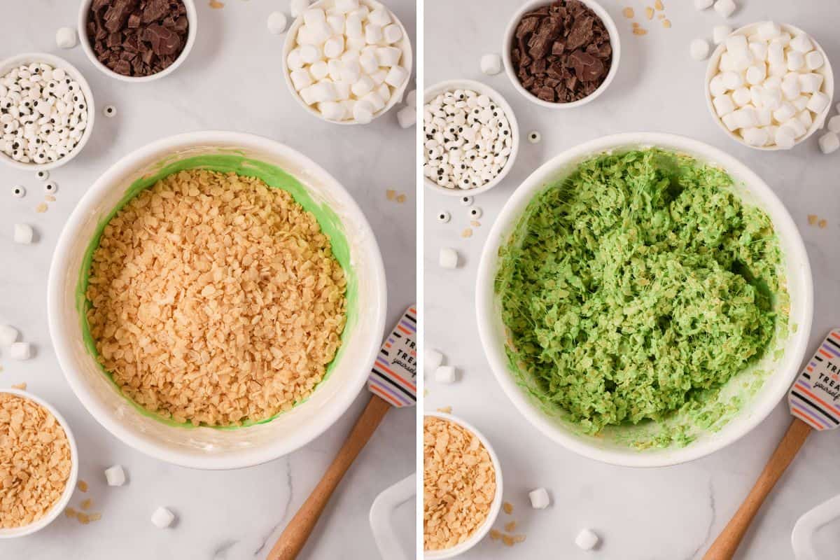 Two image collage of cereal being added to marshmallow mixture, before and after stirring to coat.