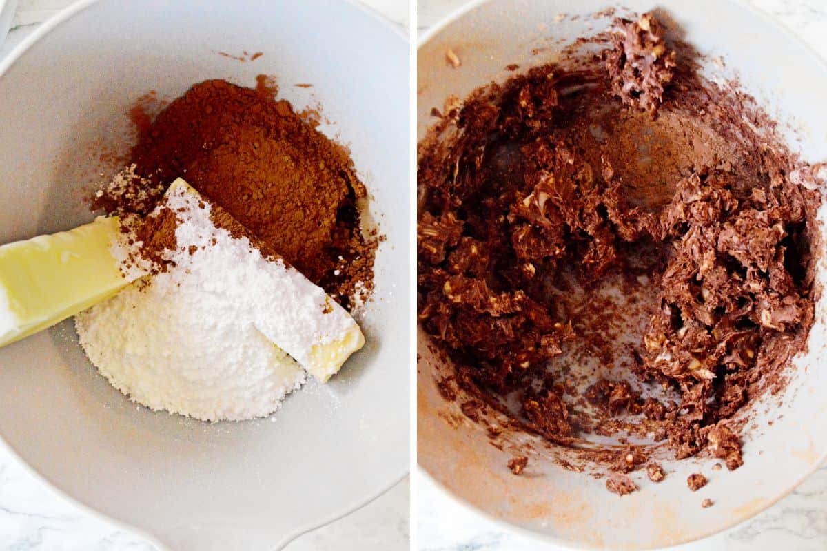 Butter, powdered sugar, and cocoa powder in a mixing bowl, before and after combining.
