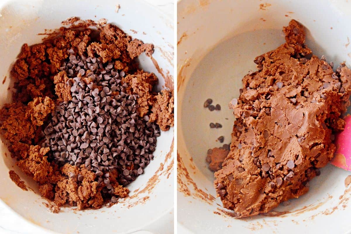 Cookie dough before and after mixing in mini chocolate chips.