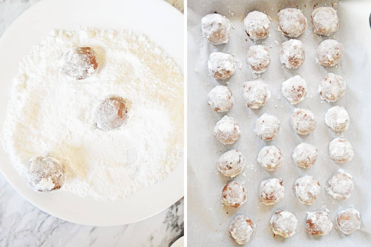 Two image collage. On left: chocolate cookies being rolled in powdered sugar. On right, powdered sugar coated cookies on lined baking sheet.