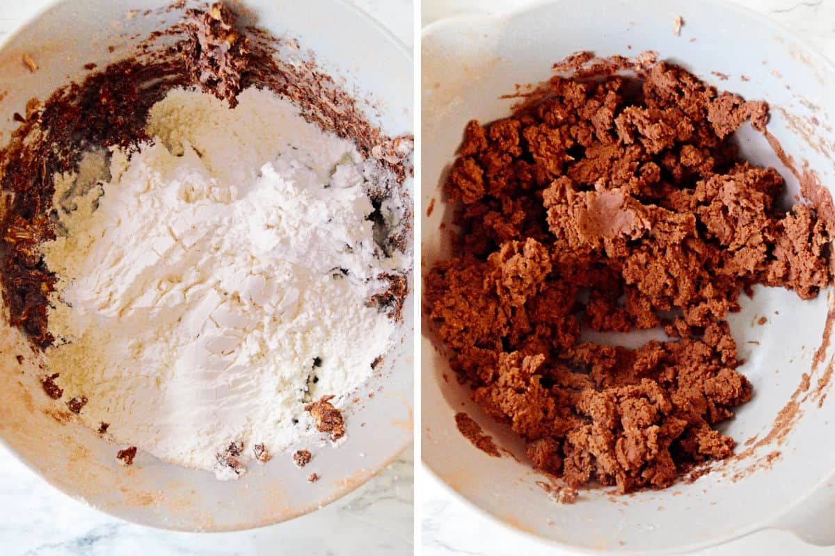 Cookie dough with flour added, before and after combining.