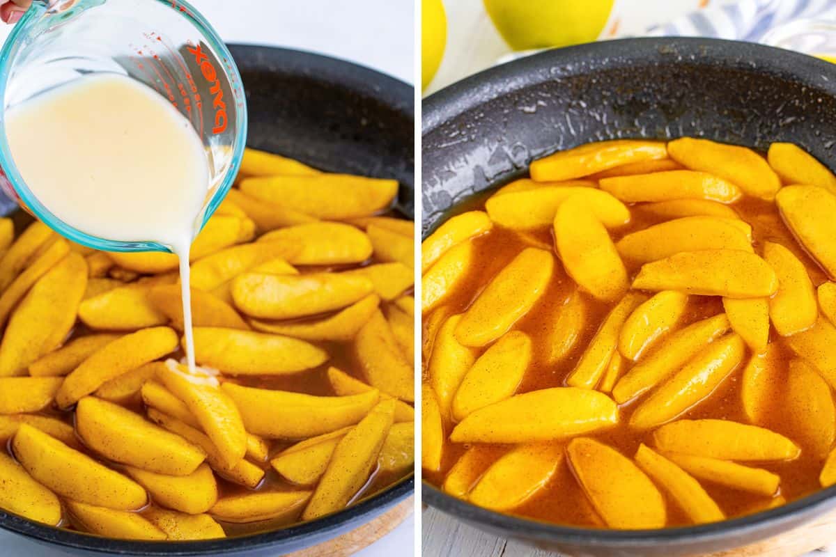 Two image collage of cornstarch and apple juice being added to skillet of apples and then the skillet after the sauce has thickened.