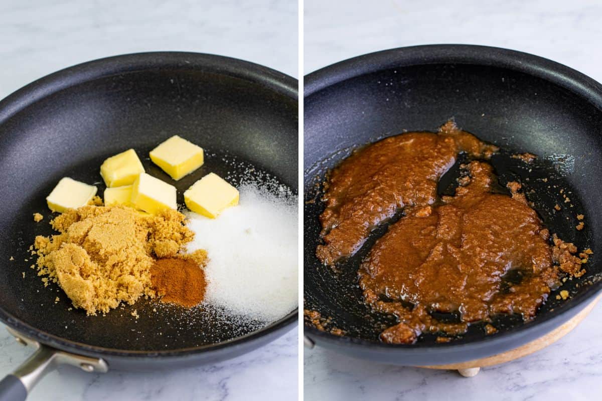 Two image collage of butter, sugar, and spices in skillet before and after combining.