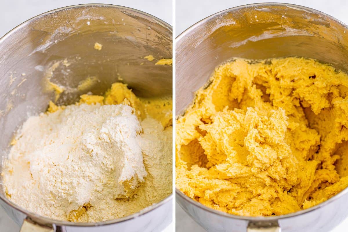 Two image collage of flour being added to dough and dough after flour is mixed in.