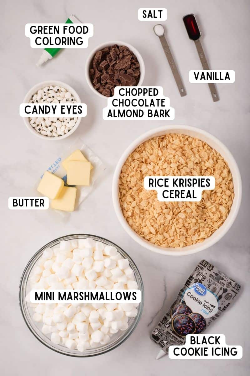 Ingredients for Frankenstein Rice Krispie Treats.