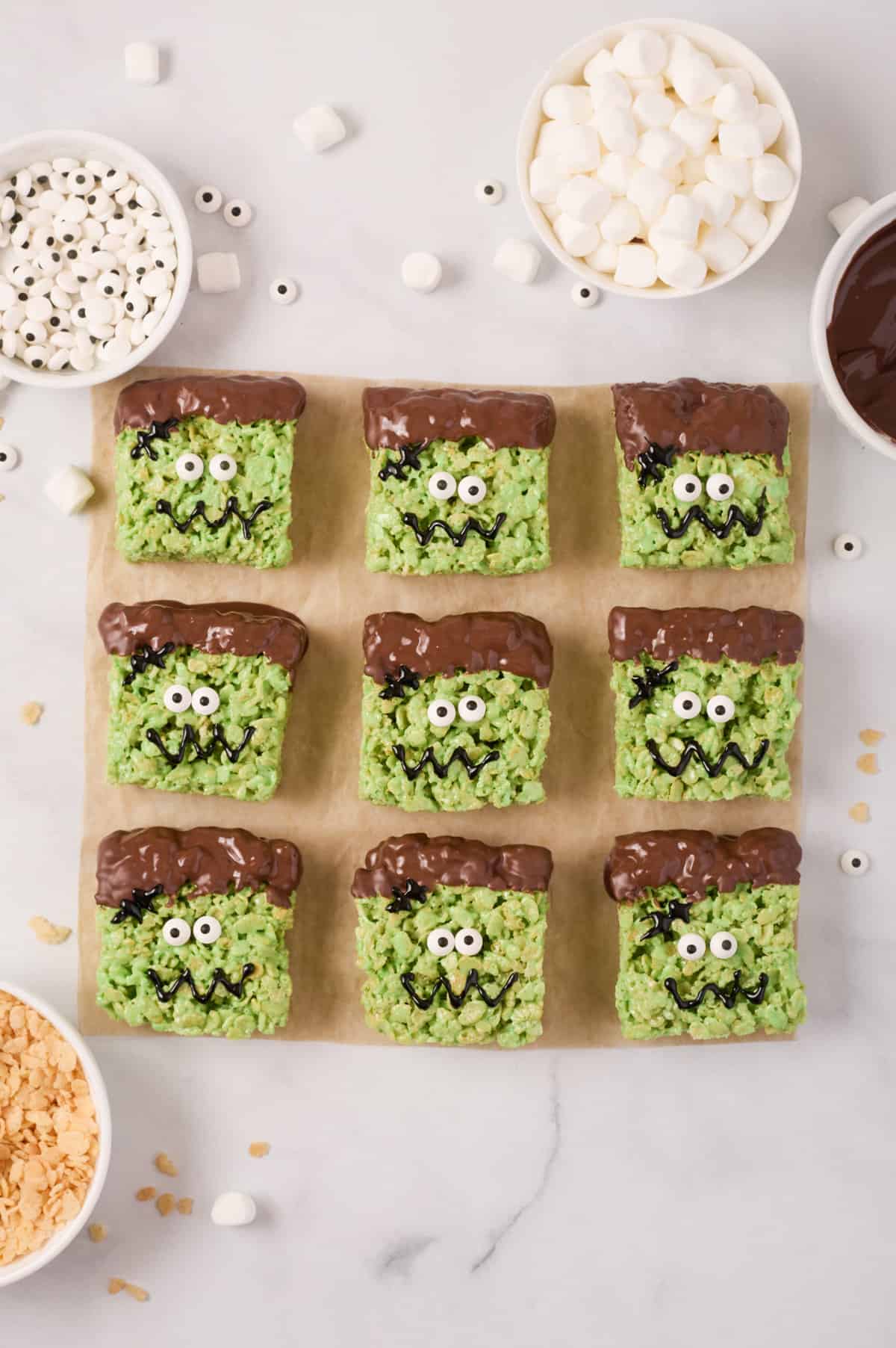 Frankenstein treats with black icing added to make mouth and scar on head.