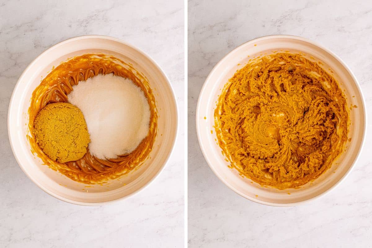 Sugars added to bowl, before and after mixing together.